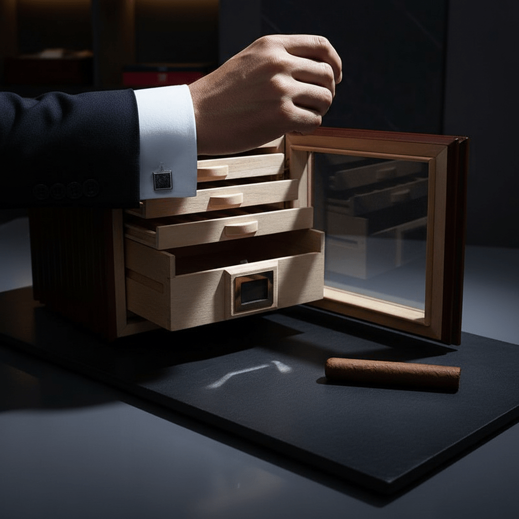 Armoire à cigares verticale en bois de Sapele équipée de tiroirs en cèdre et d'un hygromètre numérique -