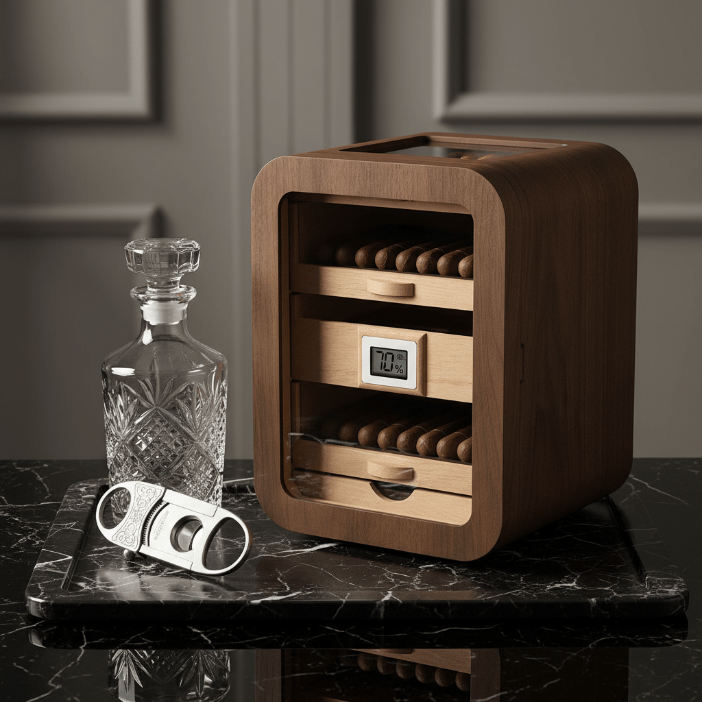 Armoire à cigares verticale en bois précieux équipée de plateaux en cèdre et d'un hygromètre numérique -