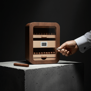 Armoire à cigares verticale en bois précieux équipée de plateaux en cèdre et d'un hygromètre numérique -