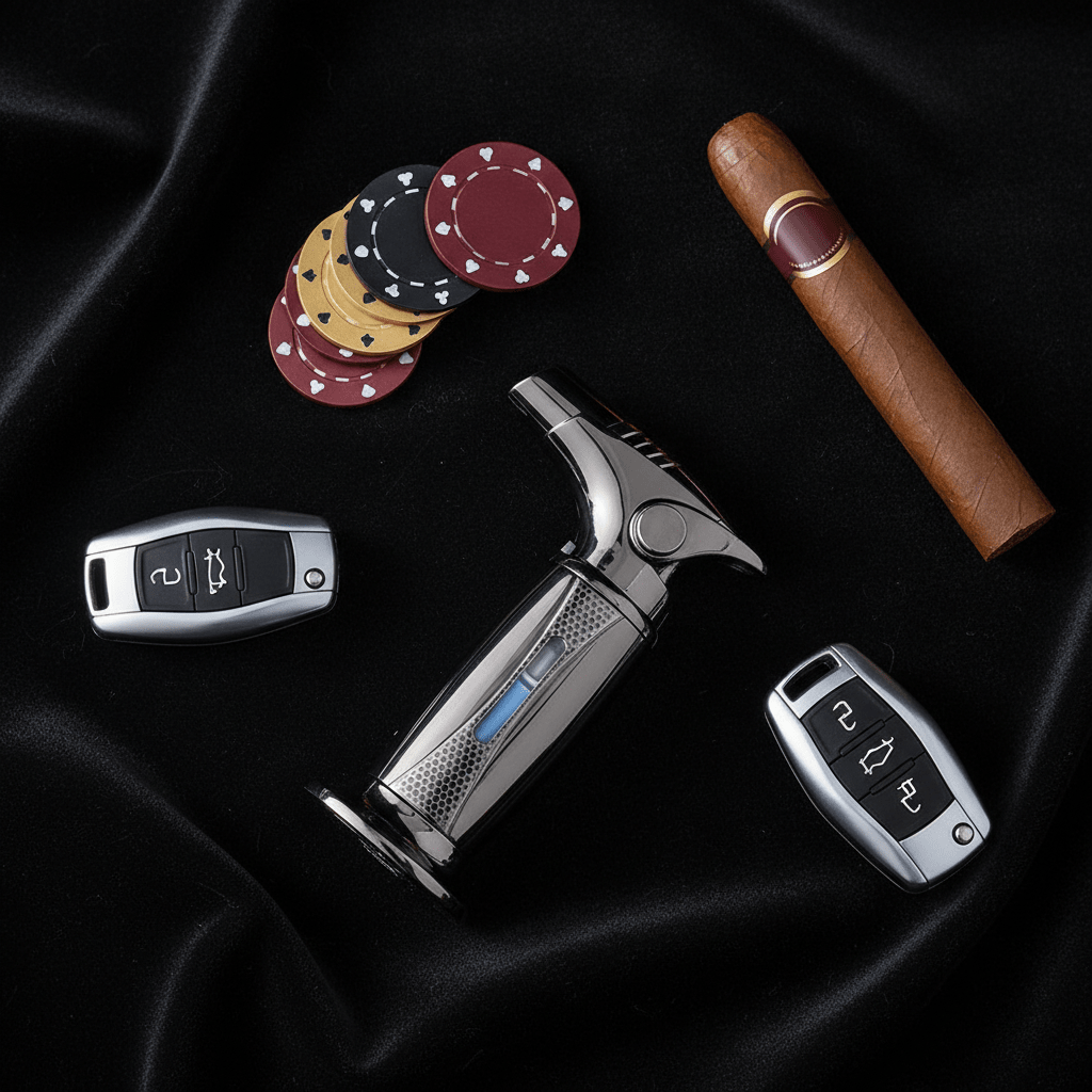 Briquet chalumeau en alliage métallique équipé d'un perforateur à cigare et d'une fenêtre de contrôle -