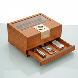 Cave à cigares de bureau en bois noble équipée d'un hygromètre numérique et d'un tiroir à accessoires -