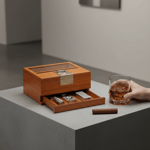 Cave à cigares de bureau en bois noble équipée d'un hygromètre numérique et d'un tiroir à accessoires -