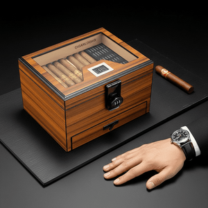 Cave à cigares en bois équipée d'une serrure à code et d'un hygromètre numérique -