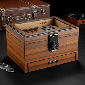 Cave à cigares en bois équipée d'une serrure à code et d'un hygromètre numérique -