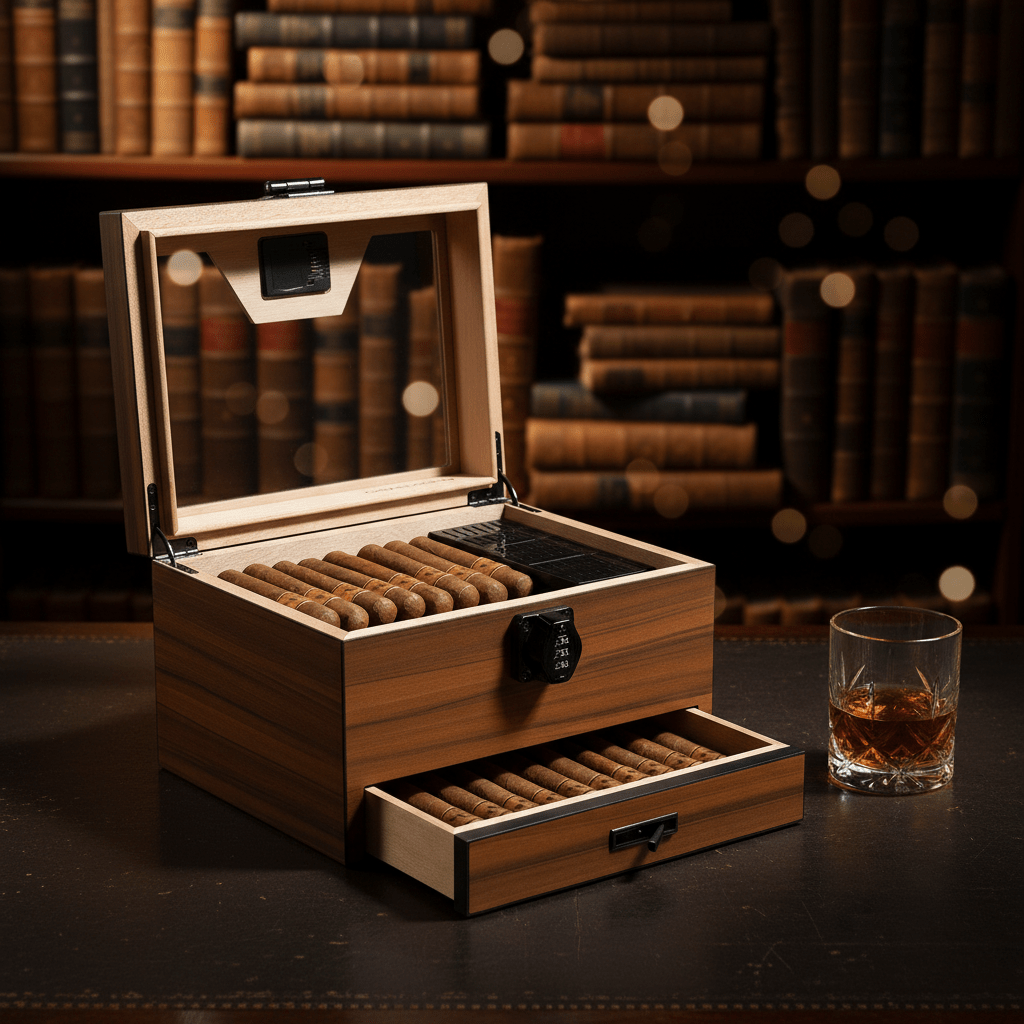 Cave à cigares en bois équipée d'une serrure à code et d'un hygromètre numérique -