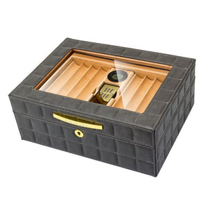 Cave à cigares en cuir matelassé et bois de cèdre équipée d'un hygromètre numérique et d'un humidificateur -