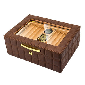 Cave à cigares en cuir matelassé et bois de cèdre équipée d'un hygromètre numérique et d'un humidificateur -