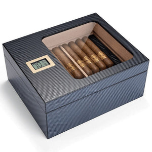 Cave à cigares en placage bois précieux équipée d'un hygromètre numérique et d'une vitrine panoramique -