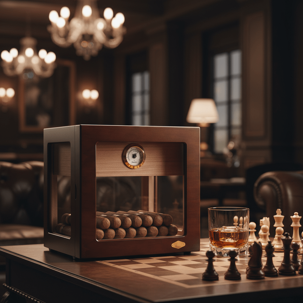 Cave à cigares panoramique en bois de cèdre équipée d'un hygromètre et d'un humidificateur -