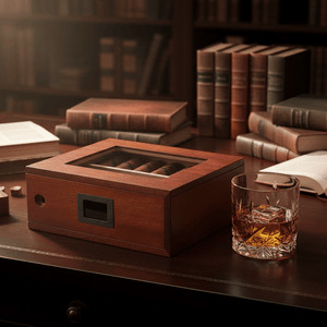 Cave à cigares verticale finition acajou équipée d'un hygromètre digital et d'un couvercle vitré -