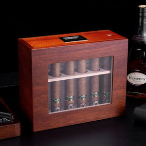 Cave à cigares verticale finition acajou équipée d'un hygromètre digital et d'un couvercle vitré -