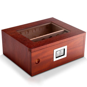 Cave à cigares verticale finition acajou équipée d'un hygromètre digital et d'un couvercle vitré -