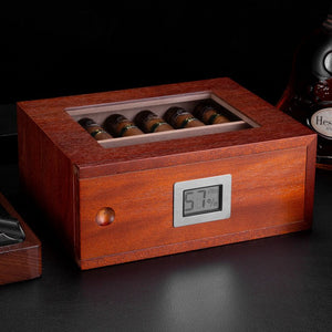 Cave à cigares verticale finition acajou équipée d'un hygromètre digital et d'un couvercle vitré -
