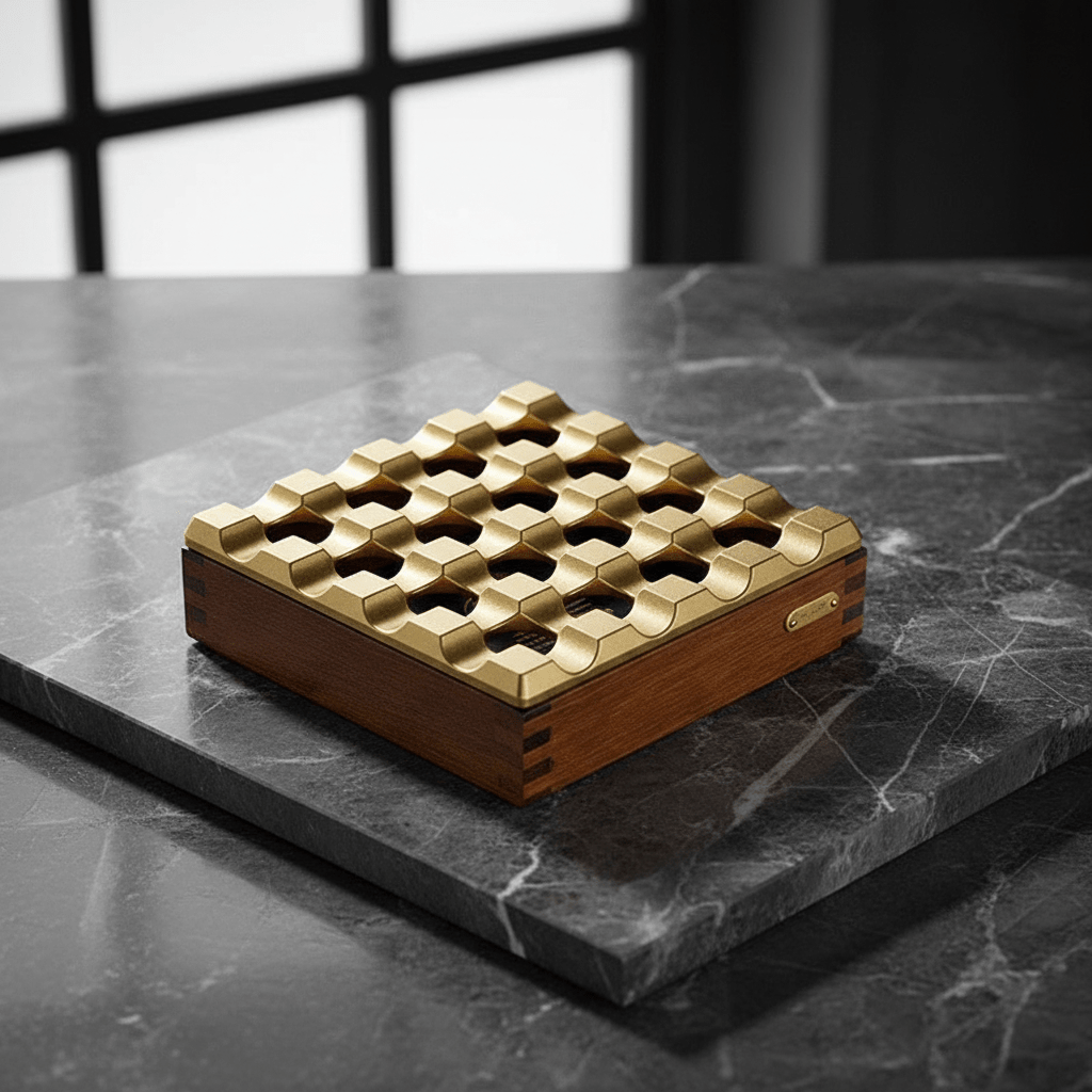 Cendrier carré en bois massif équipé d'un réceptacle en métal et de quatre poses à cigares -