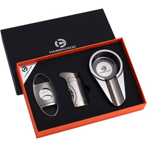 Coffret d'accessoires pour cigare en acier inoxydable, comprenant coupe - cigare, briquet et cendrier -