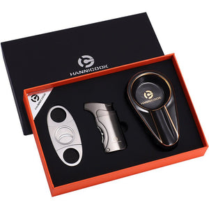 Coffret d'accessoires pour cigare en acier inoxydable, comprenant coupe - cigare, briquet et cendrier -