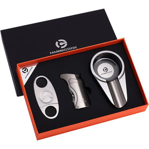 Coffret d'accessoires pour cigare en acier inoxydable, comprenant coupe - cigare, briquet et cendrier -