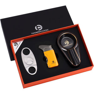 Coffret d'accessoires pour cigare en acier inoxydable, comprenant coupe - cigare, briquet et cendrier -