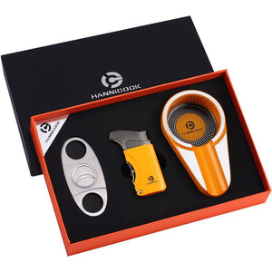 Coffret d'accessoires pour cigare en acier inoxydable, comprenant coupe - cigare, briquet et cendrier -
