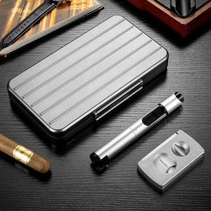 Coffret fumeur en métal avec coupe - cigare, briquet tempête et support -