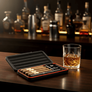 Coffret fumeur en métal avec coupe - cigare, briquet tempête et support -