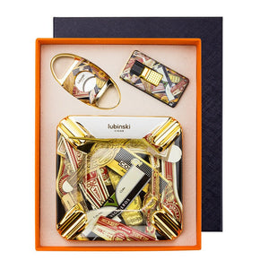 Coffret pour amateur de cigares en céramique et acier, composé d'un briquet tempête, d'un coupe - cigare et d'un cendrier -