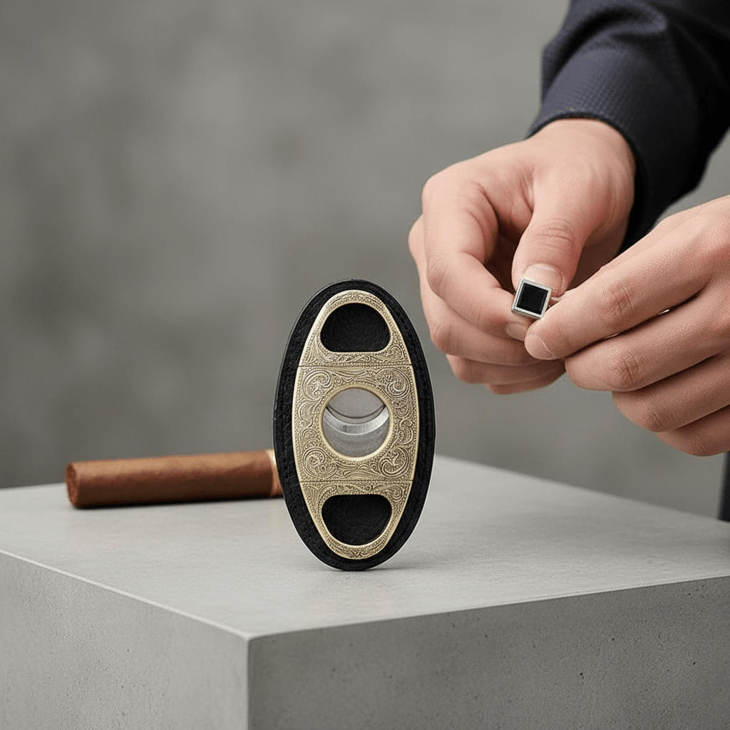 Coupe - cigare guillotine en laiton gravé et son étui de protection -