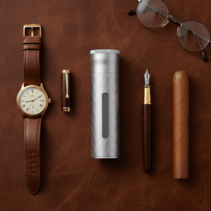 Étui à cigares tubulaire en aluminium usiné équipé d'un hygromètre et d'un humidificateur -