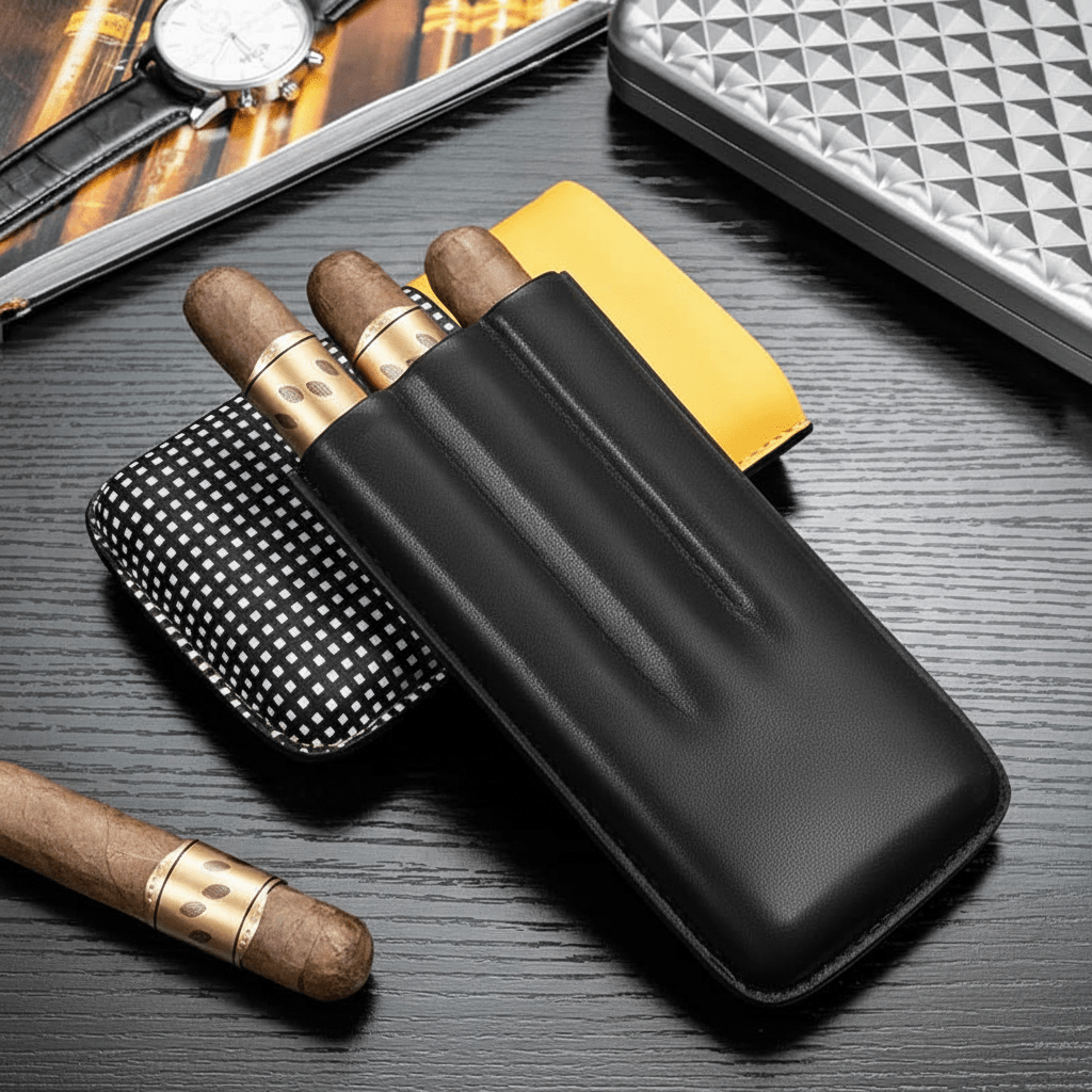 Étui de voyage pour trois cigares en cuir doublé de cèdre d'Espagne -