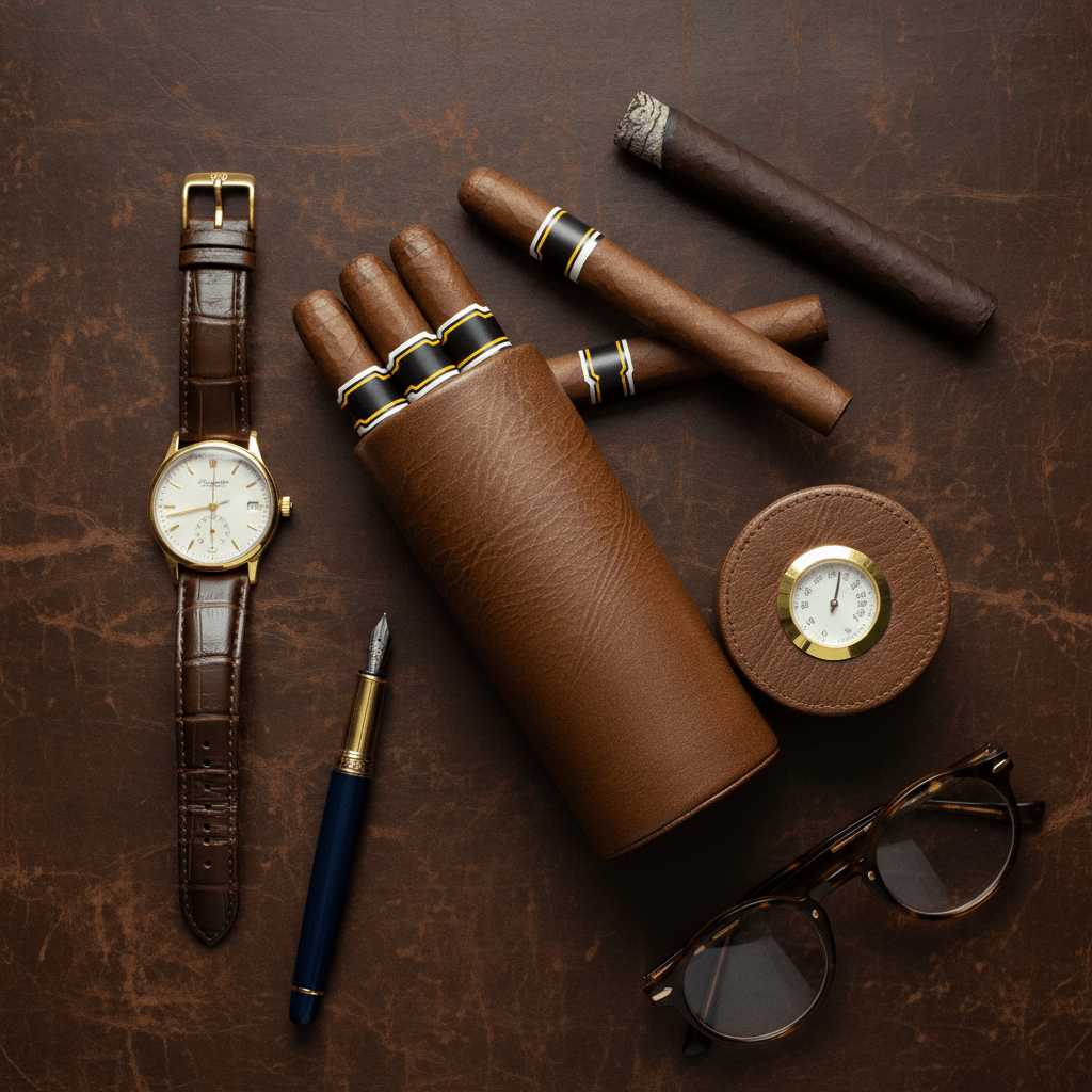 Étui de voyage pour trois cigares en cuir embossé motif crocodile -