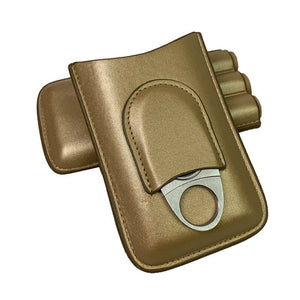 Étui de voyage pour trois cigares en cuir lisse équipé d'une poche frontale et de son coupe - cigare -