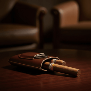 Étui de voyage pour trois cigares en cuir lisse équipé d'une poche frontale et de son coupe - cigare -