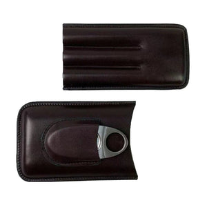 Étui de voyage pour trois cigares en cuir lisse équipé d'une poche frontale et de son coupe - cigare -
