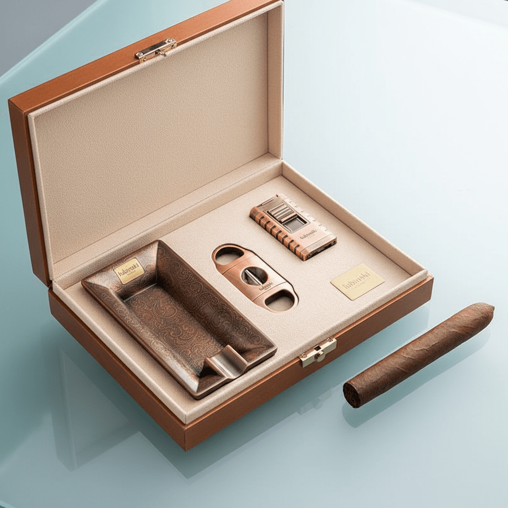 Triptyque pour amateur de cigares finition bronze avec coupe - cigare en V, cendrier et briquet chalumeau -