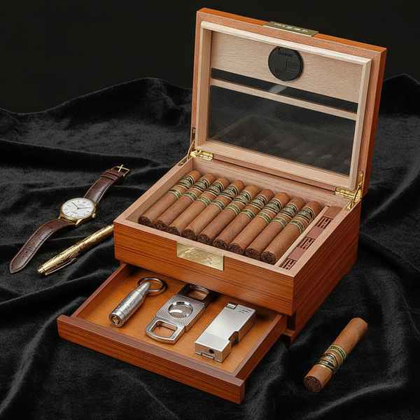Cave à cigares de bureau en bois noble équipée d'un hygromètre numérique et d'un tiroir à accessoires