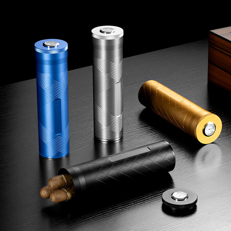 Étui à cigares tubulaire en aluminium usiné équipé d'un hygromètre et d'un humidificateur