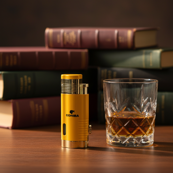 Briquet tempête triple flamme en métal équipé d'un perforateur à cigare et d'une jauge de niveau