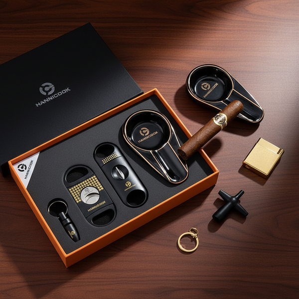 Coffret de dégustation pour cigares en acier inoxydable avec cendrier, coupe droite, coupe en V et perce-cigare