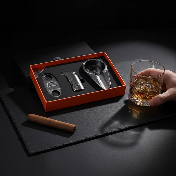 Coffret d'accessoires pour cigare en acier inoxydable, comprenant coupe-cigare, briquet et cendrier