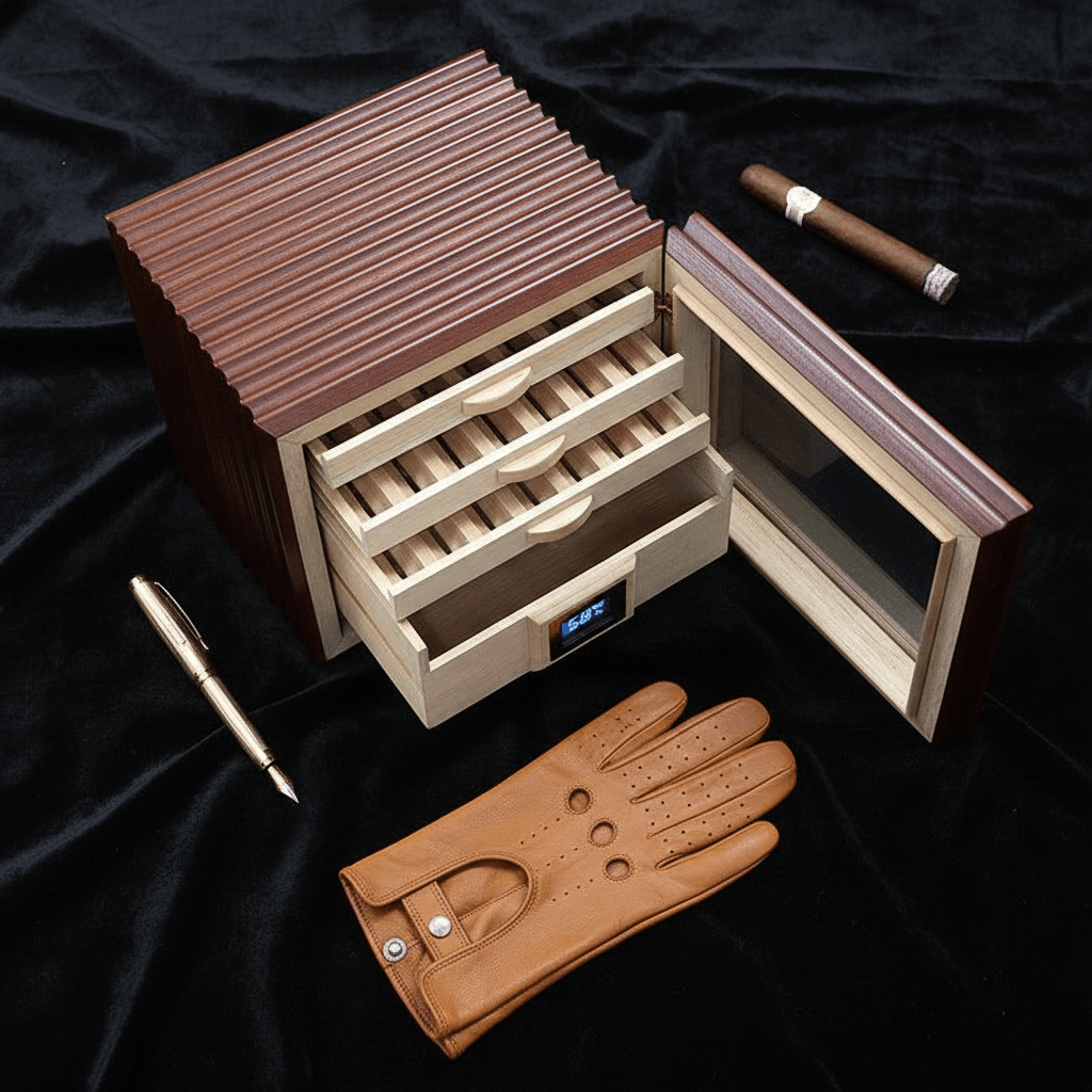 Armoire à cigares verticale en bois de Sapele équipée de tiroirs en cèdre et d'un hygromètre numérique - 