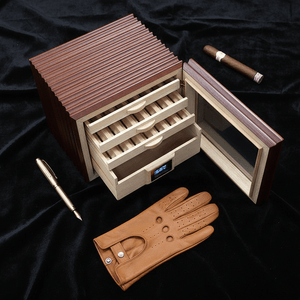 Armoire à cigares verticale en bois de Sapele équipée de tiroirs en cèdre et d'un hygromètre numérique - 