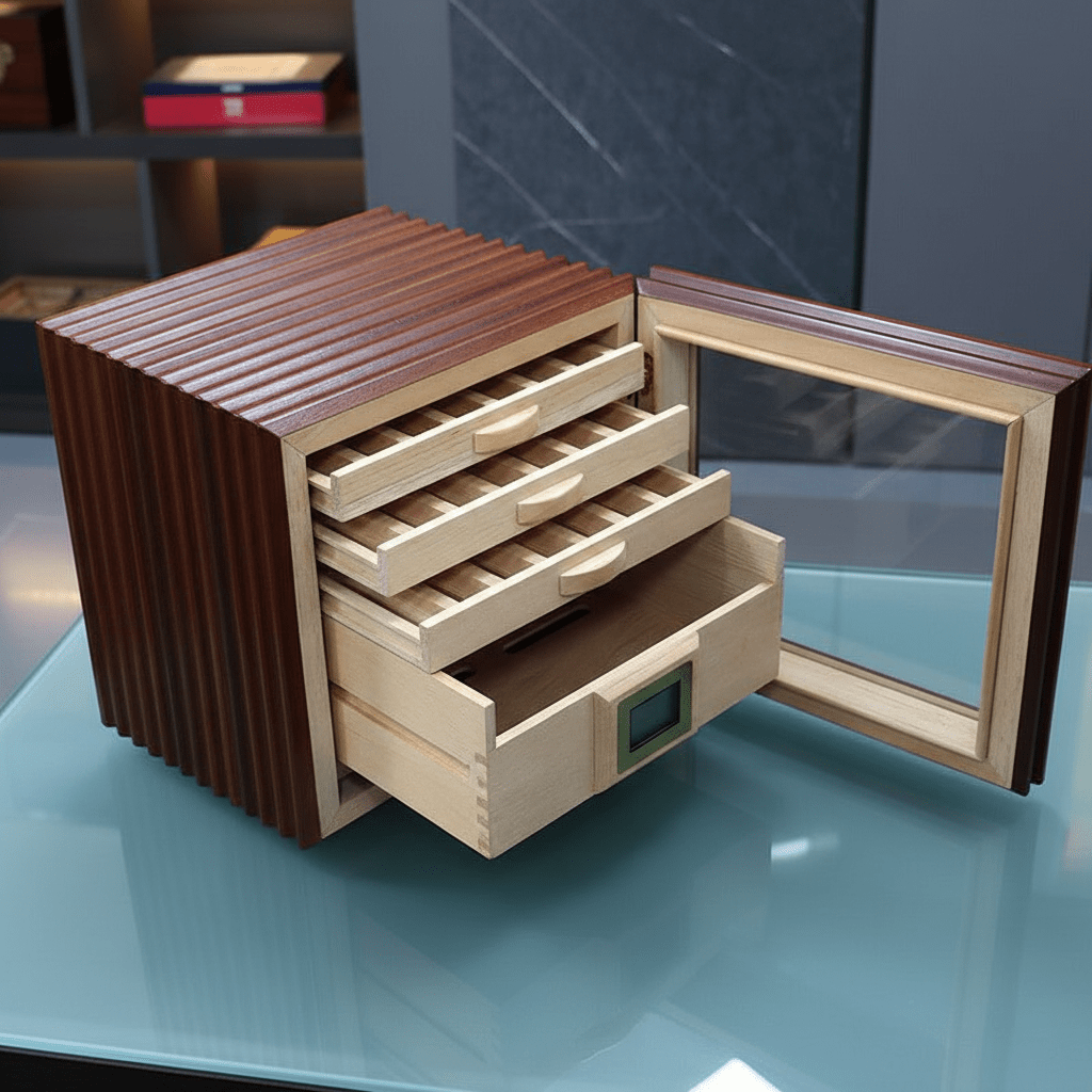 Armoire à cigares verticale en bois de Sapele équipée de tiroirs en cèdre et d'un hygromètre numérique - 