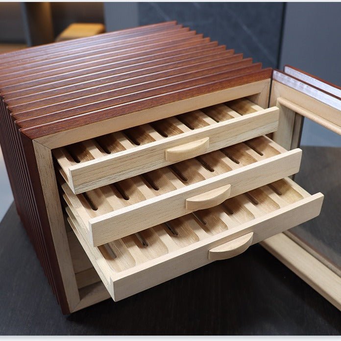 Armoire à cigares verticale en bois de Sapele équipée de tiroirs en cèdre et d'un hygromètre numérique - 