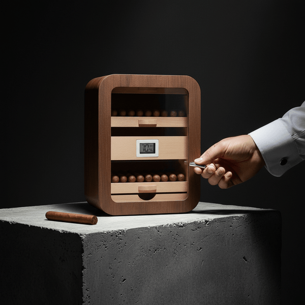 Armoire à cigares verticale en bois précieux équipée de plateaux en cèdre et d'un hygromètre numérique