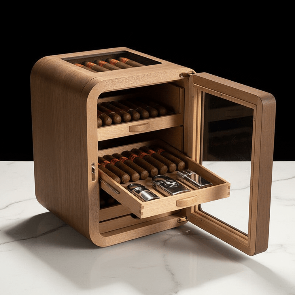 Armoire à cigares verticale en bois précieux équipée de plateaux en cèdre et d'un hygromètre numérique - 