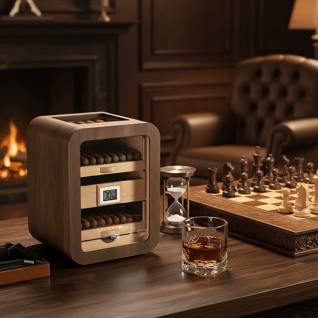 Armoire à cigares verticale en bois précieux équipée de plateaux en cèdre et d'un hygromètre numérique - 