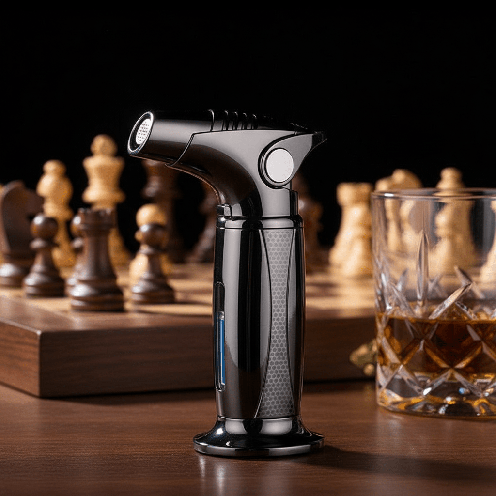 Briquet chalumeau en alliage métallique équipé d'un perforateur à cigare et d'une fenêtre de contrôle - 