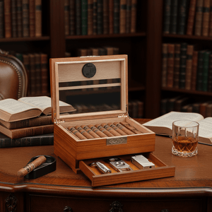 Cave à cigares de bureau en bois noble équipée d'un hygromètre numérique et d'un tiroir à accessoires - 