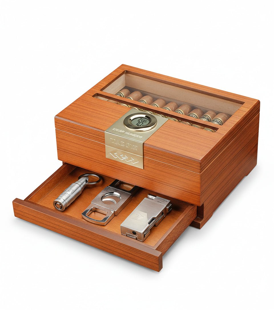 Cave à cigares de bureau en bois noble équipée d'un hygromètre numérique et d'un tiroir à accessoires - 