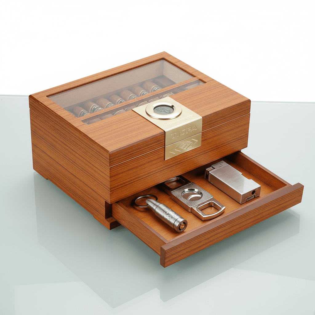 Cave à cigares de bureau en bois noble équipée d'un hygromètre numérique et d'un tiroir à accessoires - 